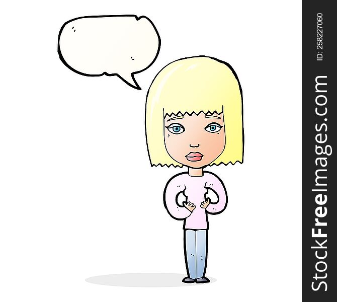 cartoon woman indicating self with speech bubble