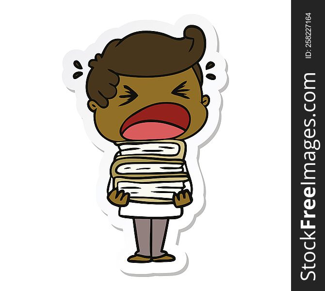 sticker of a cartoon shouting man with stack of books