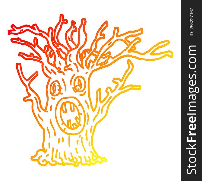 warm gradient line drawing of a cartoon spooky tree