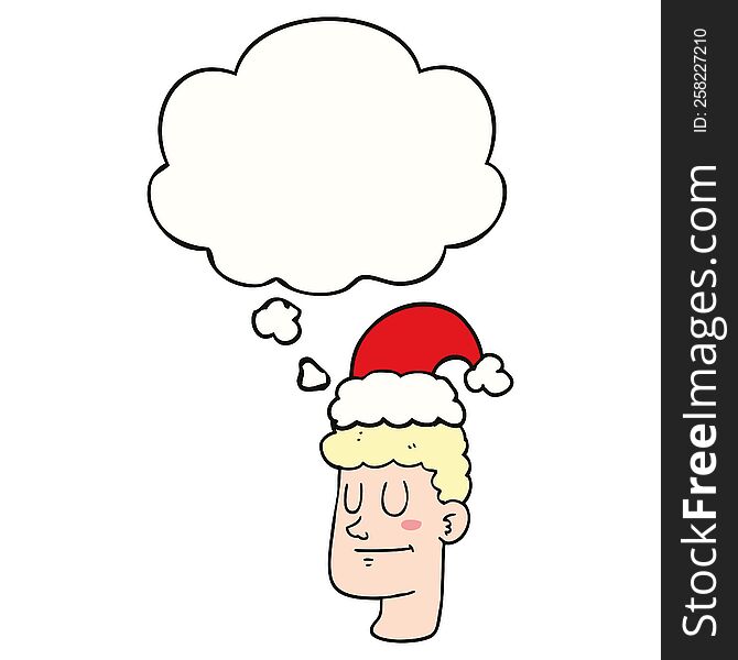 Cartoon Man Wearing Christmas Hat And Thought Bubble