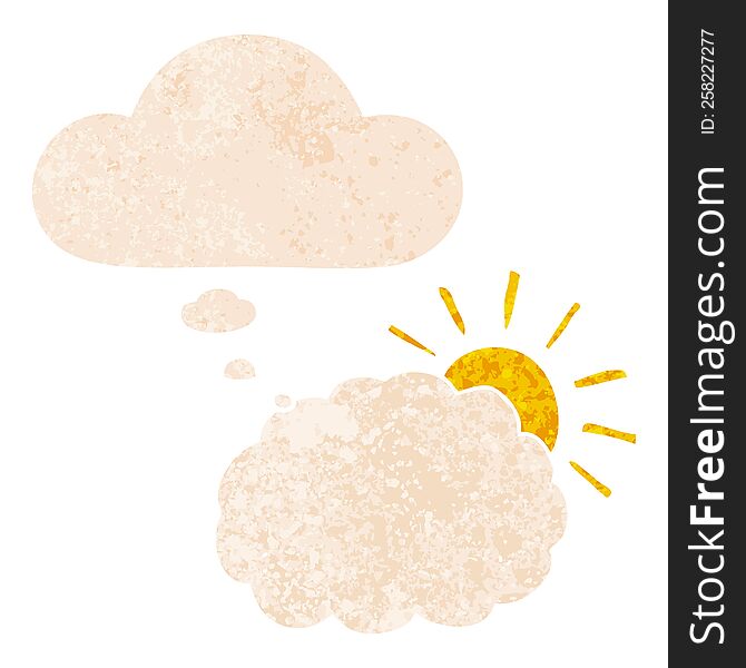 Cartoon Sun And Cloud Symbol And Thought Bubble In Retro Textured Style