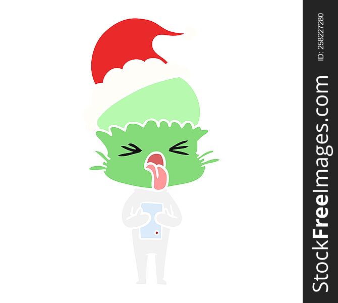 disgusted hand drawn flat color illustration of a alien wearing santa hat. disgusted hand drawn flat color illustration of a alien wearing santa hat