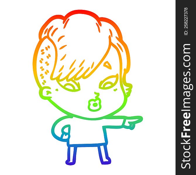 rainbow gradient line drawing of a cartoon surprised girl pointing
