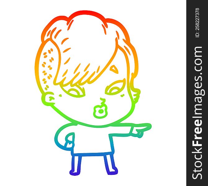 Rainbow Gradient Line Drawing Cartoon Surprised Girl Pointing