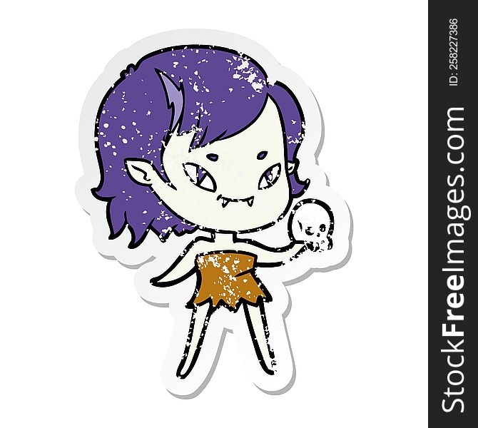 distressed sticker of a cartoon friendly vampire girl with skull