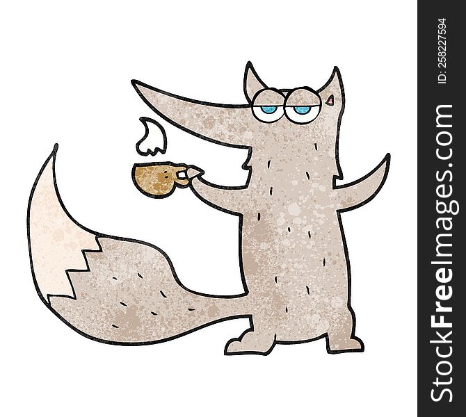 freehand textured cartoon wolf with coffee cup