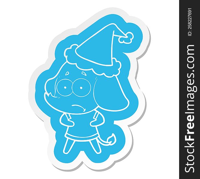 Cartoon  Sticker Of A Unsure Elephant Wearing Santa Hat