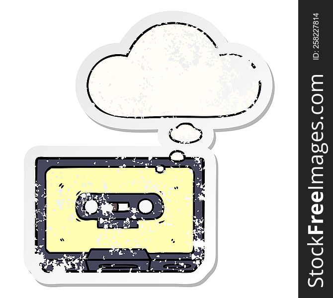 cartoon old cassette tape with thought bubble as a distressed worn sticker