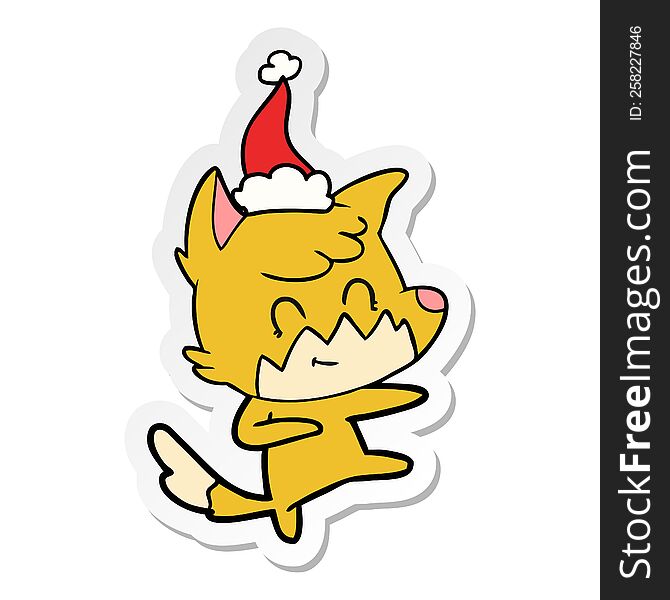 Sticker Cartoon Of A Friendly Fox Wearing Santa Hat