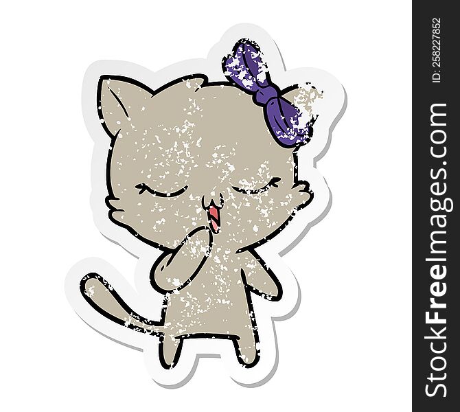 Distressed Sticker Of A Cartoon Cat With Bow On Head