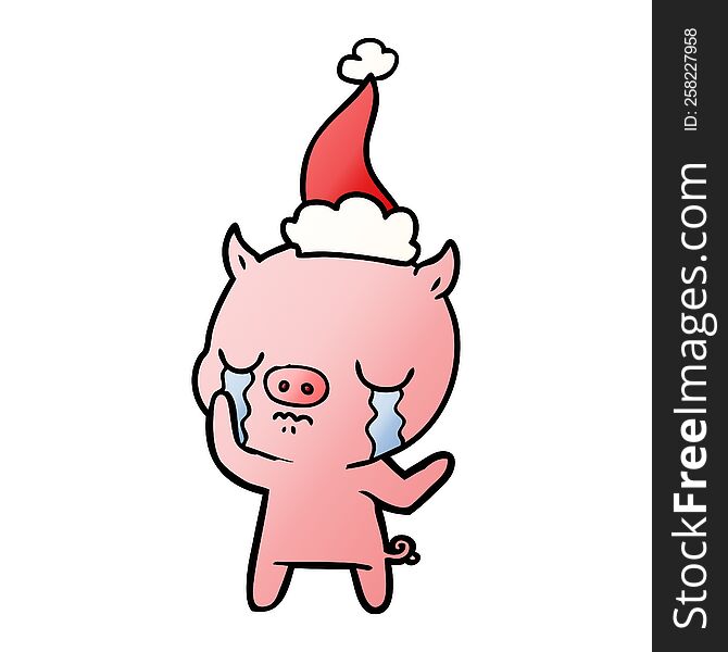 Gradient Cartoon Of A Pig Crying Wearing Santa Hat