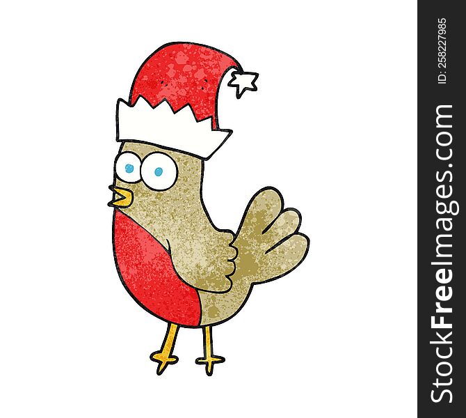Textured Cartoon Robin In Christmas Hat