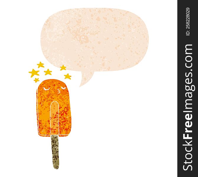 Cartoon Ice Lolly And Speech Bubble In Retro Textured Style