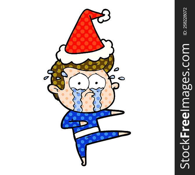 hand drawn comic book style illustration of a crying dancer wearing santa hat