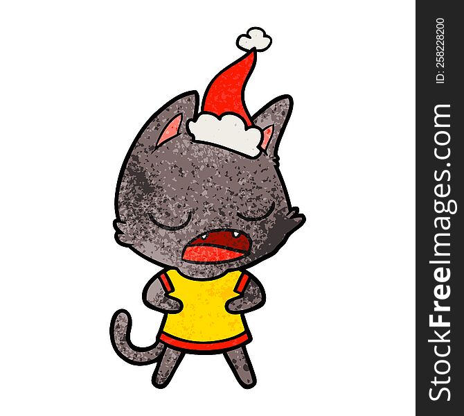 talking cat hand drawn textured cartoon of a wearing santa hat. talking cat hand drawn textured cartoon of a wearing santa hat