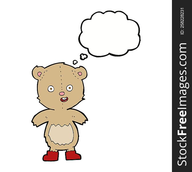 cartoon happy teddy bear in boots with thought bubble