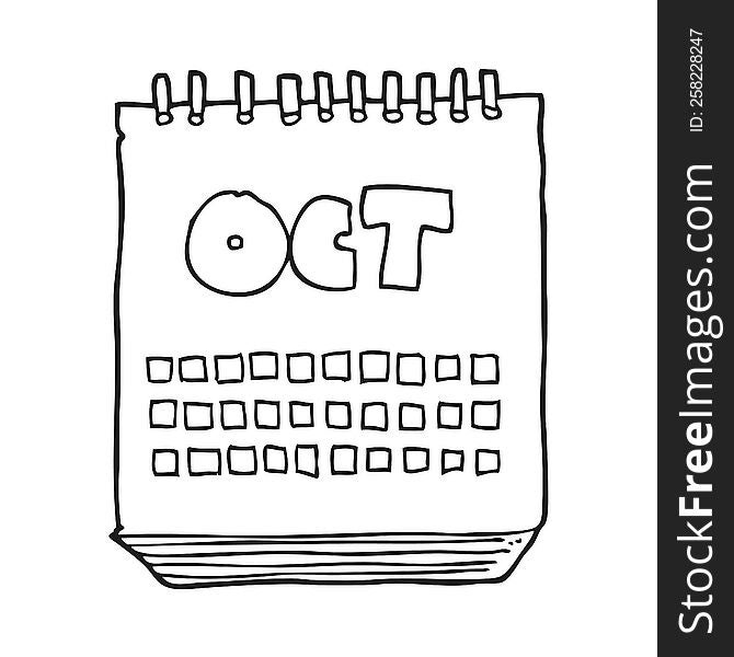 freehand drawn black and white cartoon calendar showing month of october