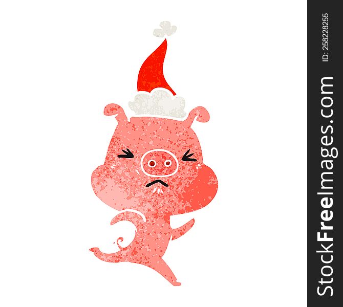 Retro Cartoon Of A Annoyed Pig Running Wearing Santa Hat