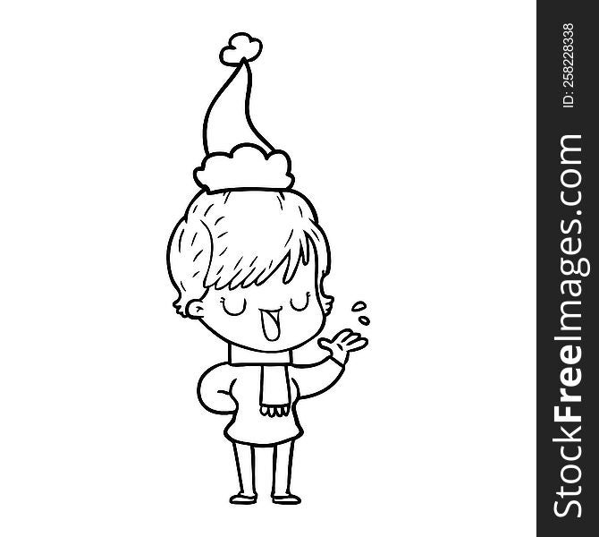hand drawn line drawing of a woman talking wearing santa hat