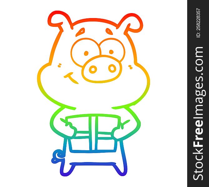 Rainbow Gradient Line Drawing Happy Cartoon Pig Holding Christmas Present