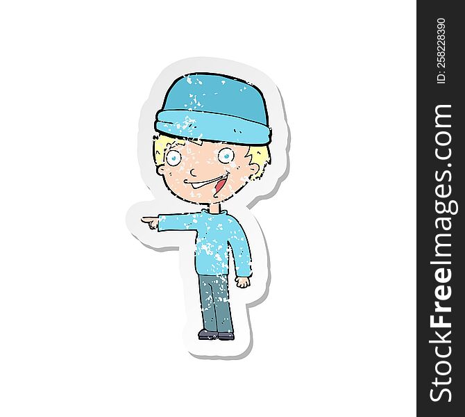 retro distressed sticker of a cartoon man wearing winter hat