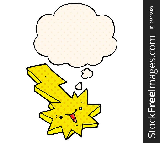 cartoon lightning strike with thought bubble in comic book style
