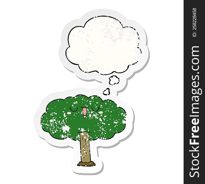 Cartoon Tree And Thought Bubble As A Distressed Worn Sticker
