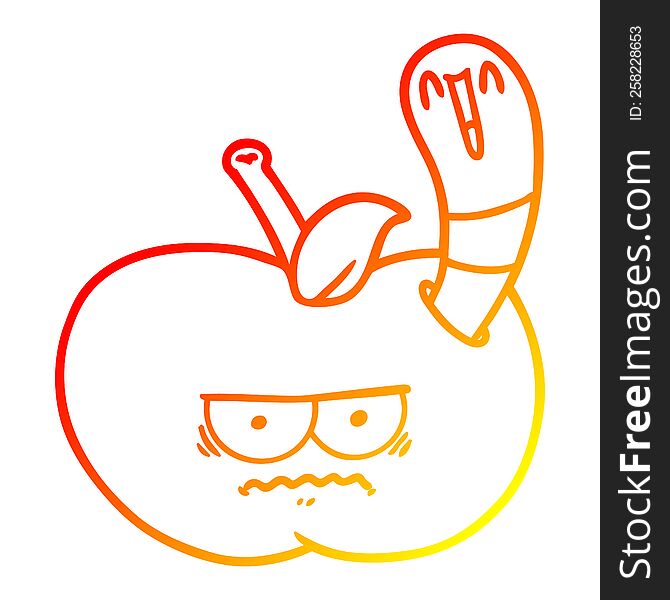 Warm Gradient Line Drawing Cartoon Worm Eating An Angry Apple