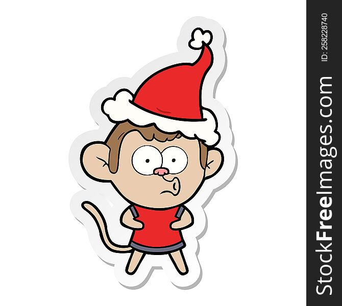 Sticker Cartoon Of A Surprised Monkey Wearing Santa Hat