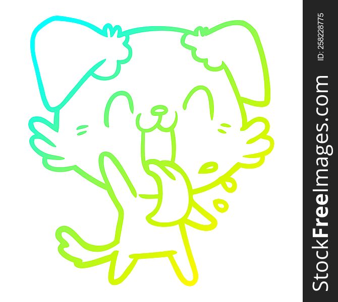 cold gradient line drawing of a cartoon panting dog waving