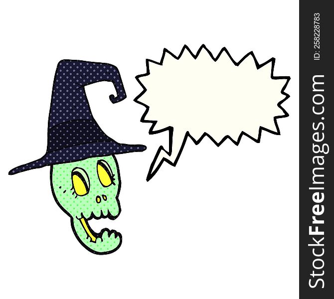 freehand drawn comic book speech bubble cartoon skull wearing witch hat