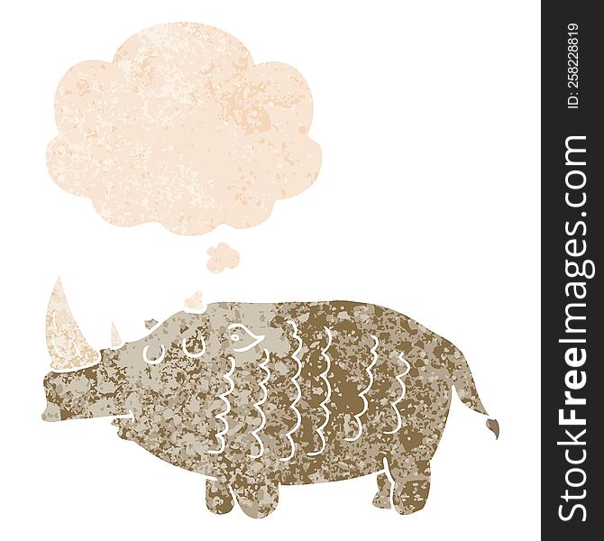 cartoon rhinoceros and thought bubble in retro textured style