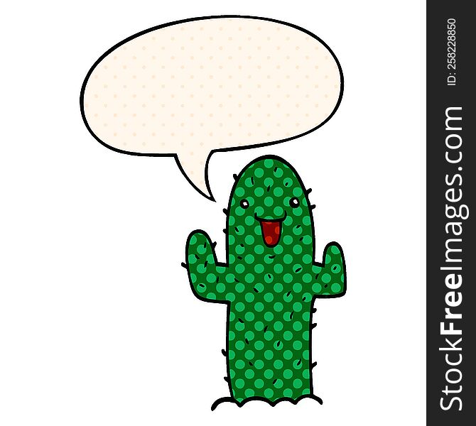 cartoon cactus with speech bubble in comic book style