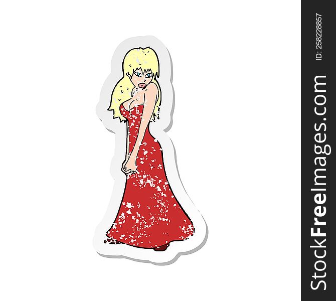 Retro Distressed Sticker Of A Cartoon Pretty Woman In Dress