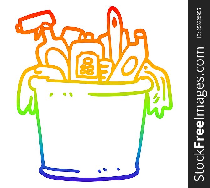 rainbow gradient line drawing of a cartoon house cleaning products
