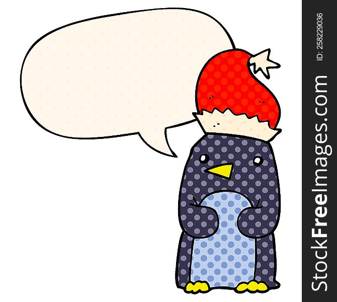 cute christmas penguin with speech bubble in comic book style