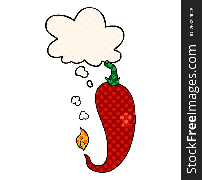cartoon chili pepper with thought bubble in comic book style