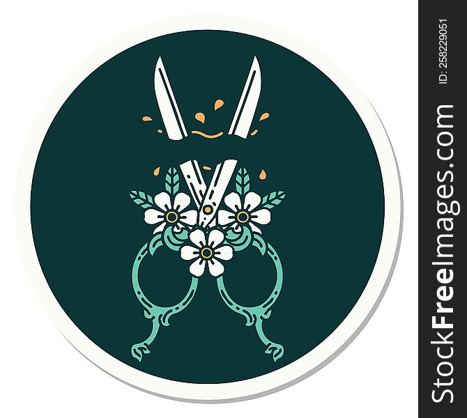 tattoo style sticker of a barber scissors and flowers