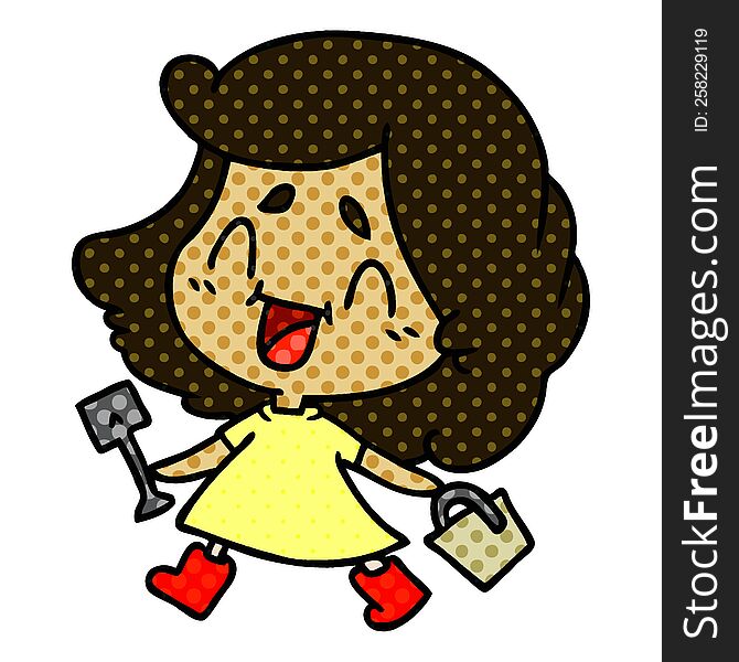 freehand drawn cartoon of cute kawaii girl with bucket and spade