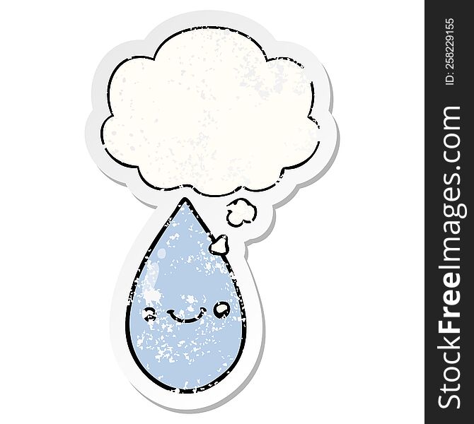 cartoon cute raindrop with thought bubble as a distressed worn sticker