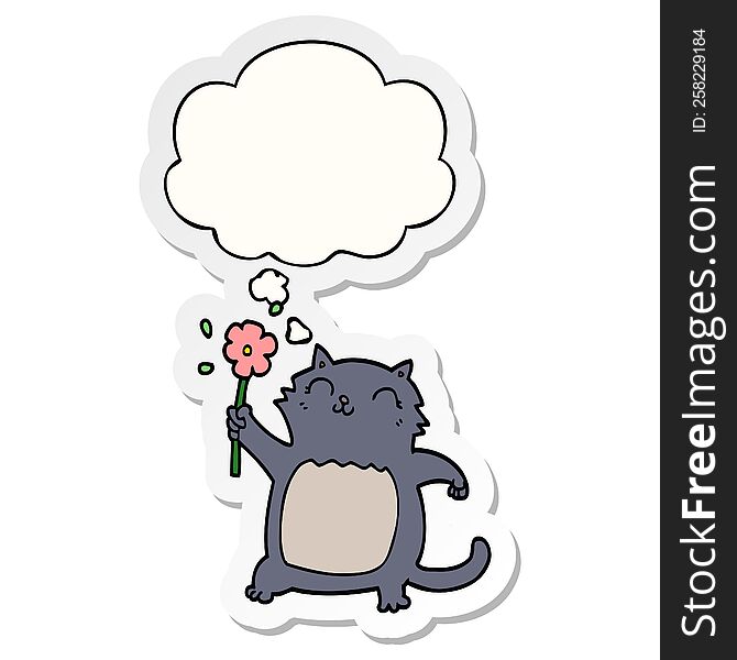 cartoon cat with flower with thought bubble as a printed sticker