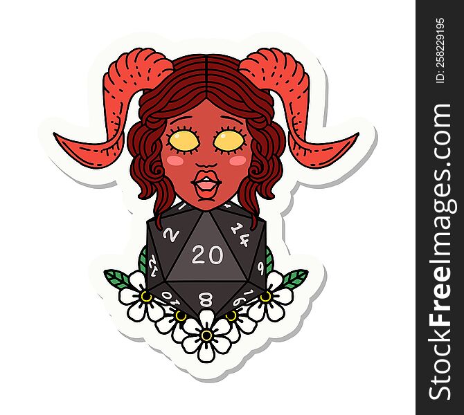 sticker of a tiefling with natural twenty dice roll. sticker of a tiefling with natural twenty dice roll