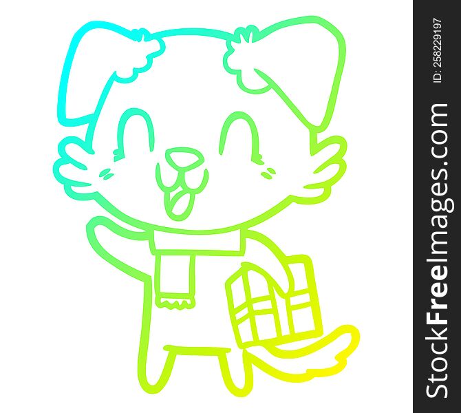 cold gradient line drawing of a laughing cartoon dog with christmas present