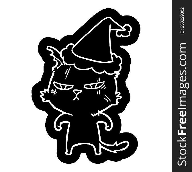 tough quirky cartoon icon of a cat wearing santa hat