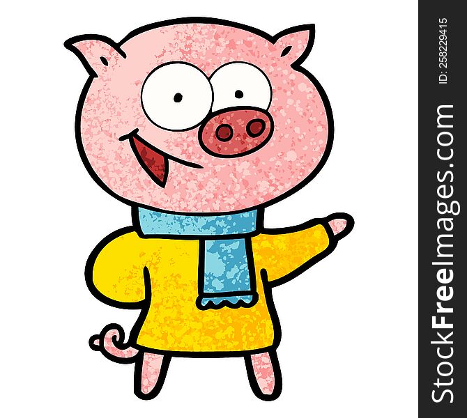cheerful pig wearing winter clothes cartoon. cheerful pig wearing winter clothes cartoon