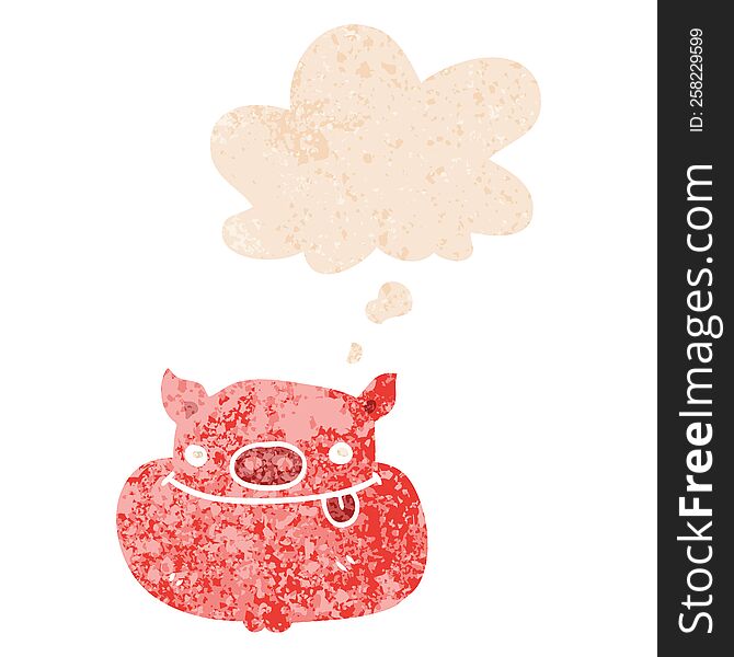 Cartoon Happy Pig Face And Thought Bubble In Retro Textured Style