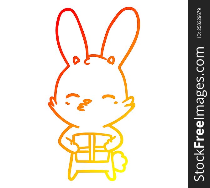 warm gradient line drawing of a curious bunny cartoon with present