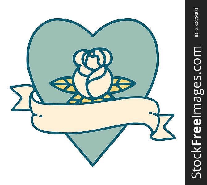 Tattoo Style Icon Of A Heart Rose And Banner