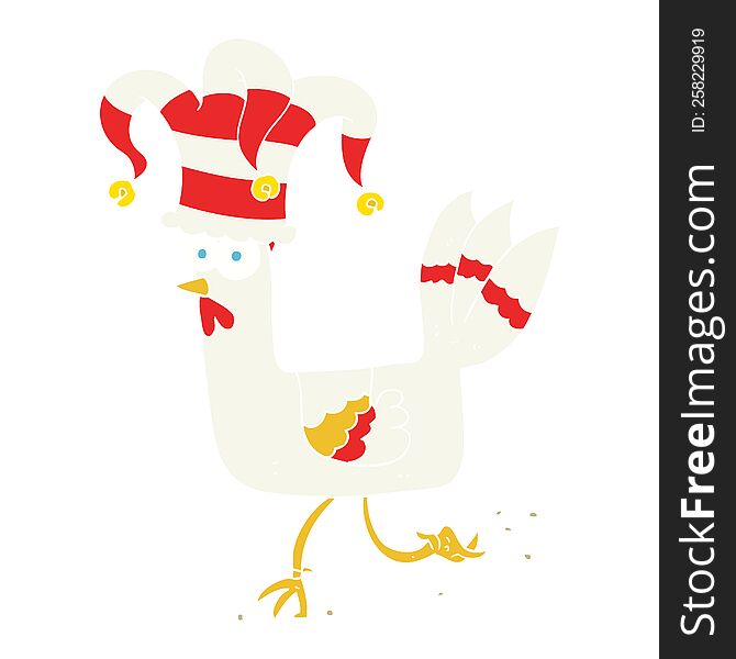 Flat Color Illustration Of A Cartoon Chicken Running In Funny Hat