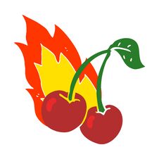 Flat Color Illustration Of A Cartoon Flaming Cherries Stock Photography